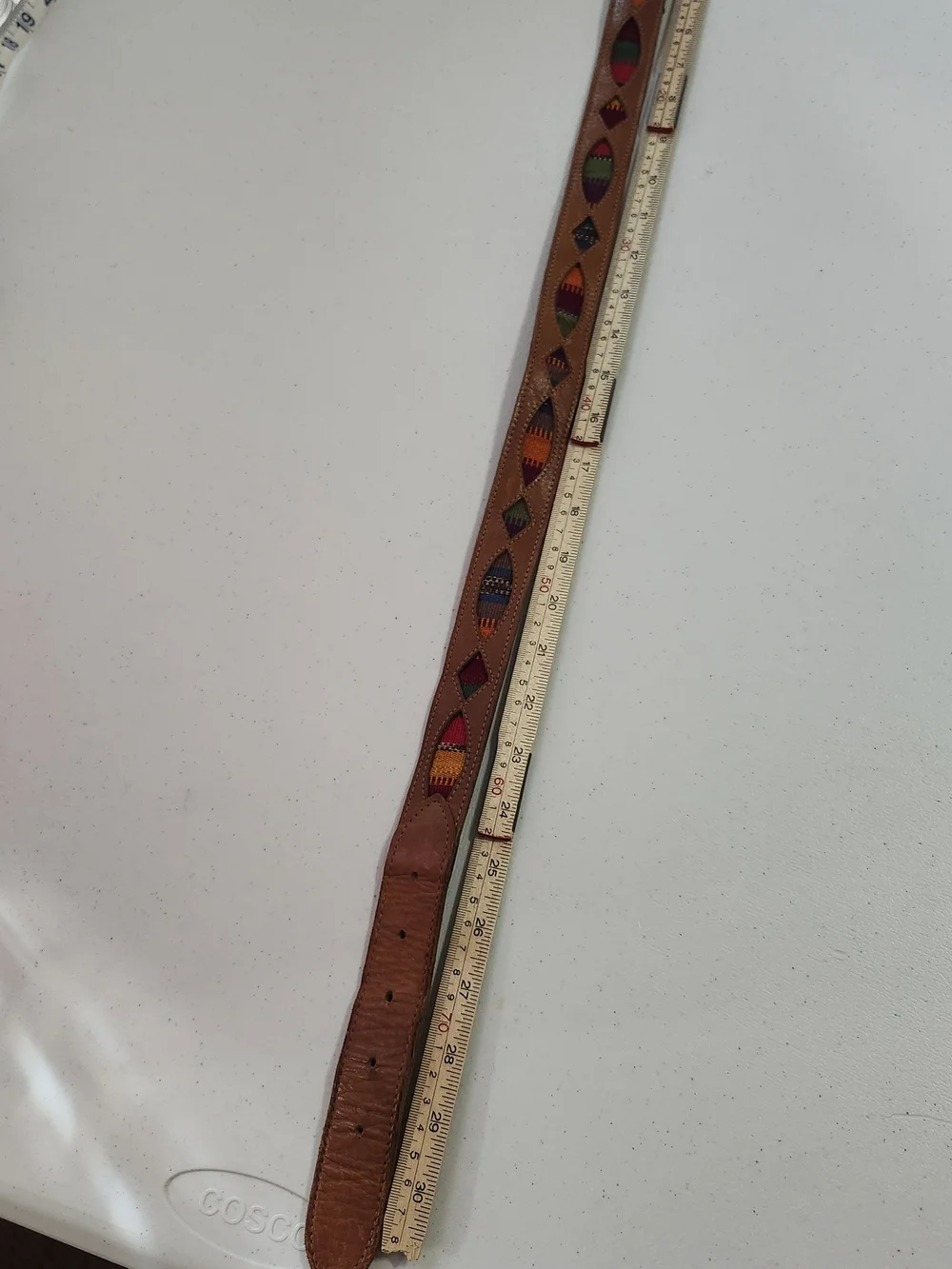 Vintage Guatemalan Brown Leather Belt hand-woven geometric tapestry inserts 28